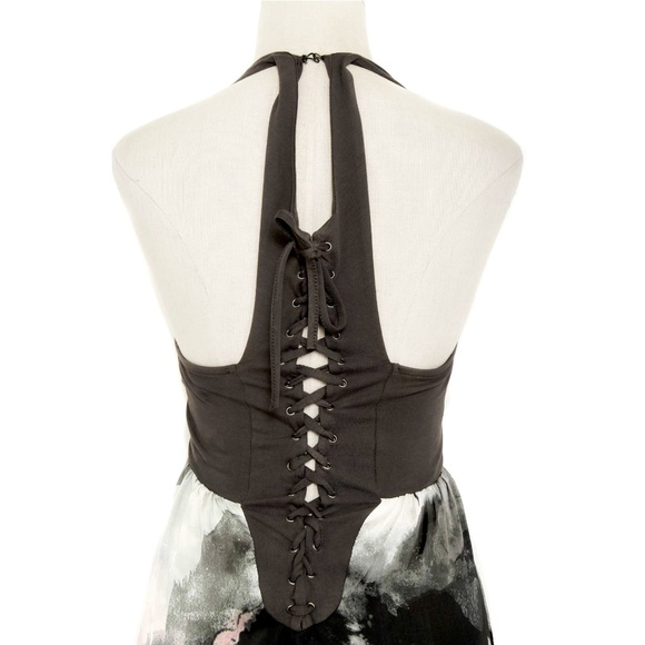 MINKPINK Gray Watercolor Plunging Neckline Lace-Up Back Hi Low Tunic Dress - Picture 5 of 7